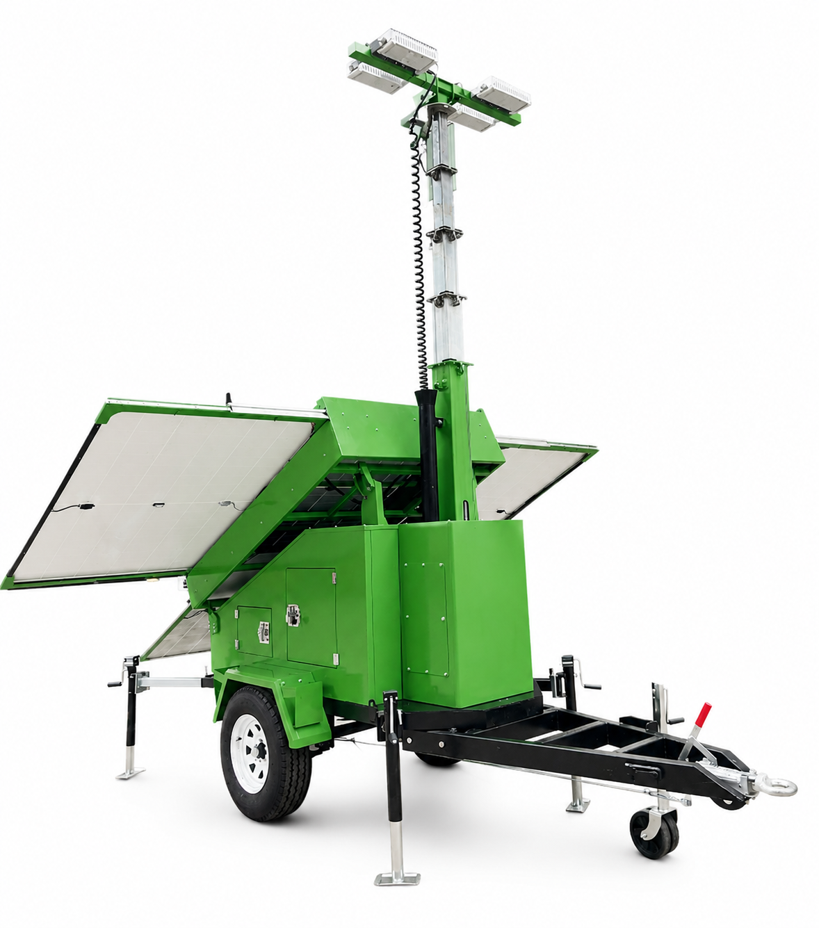 Solar mobile light tower for remote security and low-noise sites