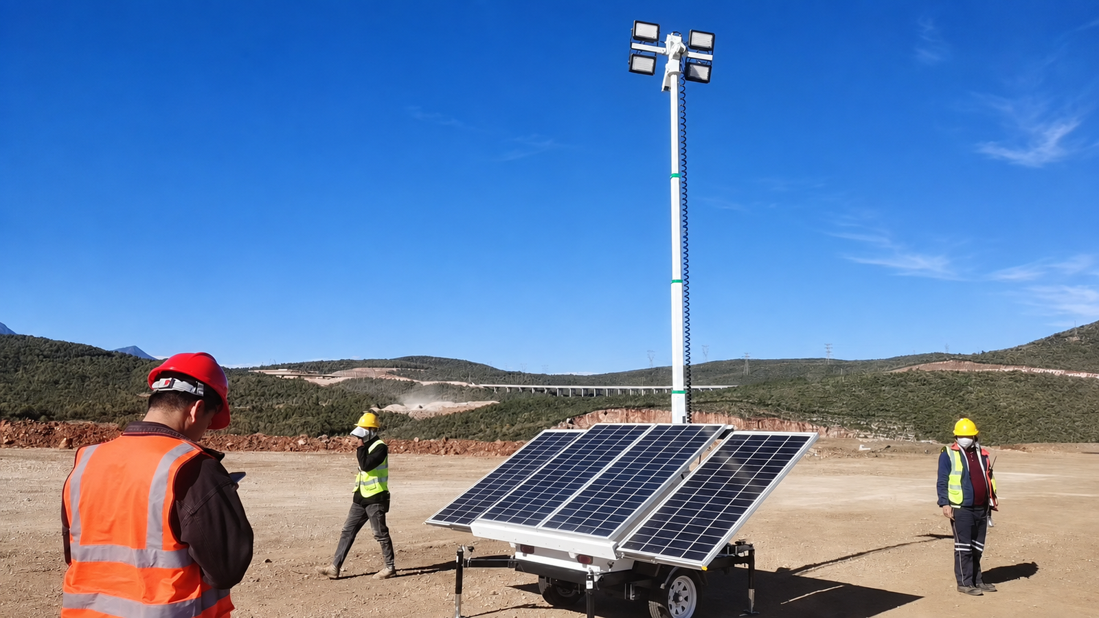 Solar mobile light tower with deployed panels and a raised four-light mast at a mountain work site