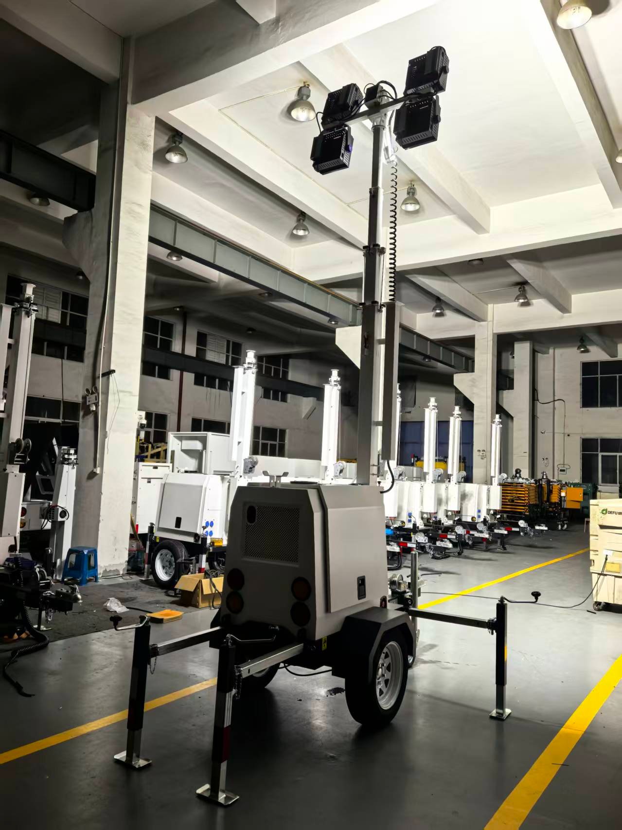 Mobile light tower prepared for inspection