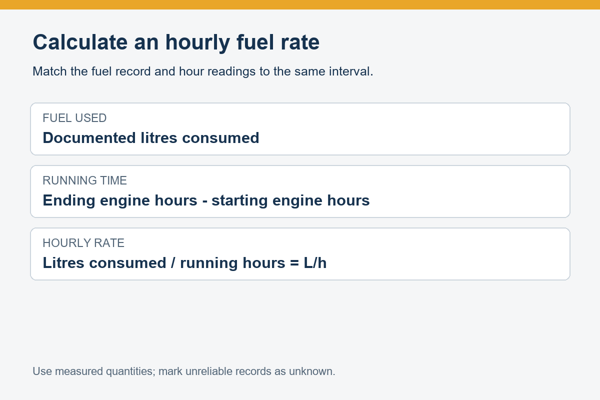 Hourly rate equals documented litres consumed divided by engine running hours